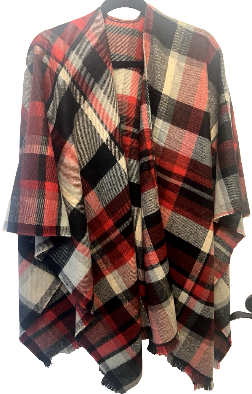 Soft Surroundings Poncho Womens One Size Artsy Plaid Fringe Wrap Red Black Beige